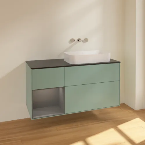 VILLEROY BOCH Toaletní skříňka Finion, s osvětlením, 3 výsuvy, 1200 x 603 x 501 mm, olivový matný lak / antracitový matný lak / černé matné sklo #F682GKGM, obrázek 2