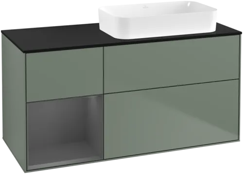 VILLEROY BOCH Toaletní skříňka Finion, s osvětlením, 3 výsuvy, 1200 x 603 x 501 mm, olivový matný lak / antracitový matný lak / černé matné sklo #F682GKGM