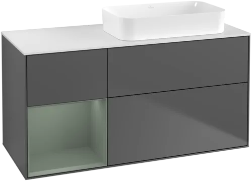 VILLEROY BOCH Toaletní skříňka Finion, s osvětlením, 3 výsuvy, 1200 x 603 x 501 mm, antracitový matný lak / olivový matný lak / bílé matné sklo #F681GMGK