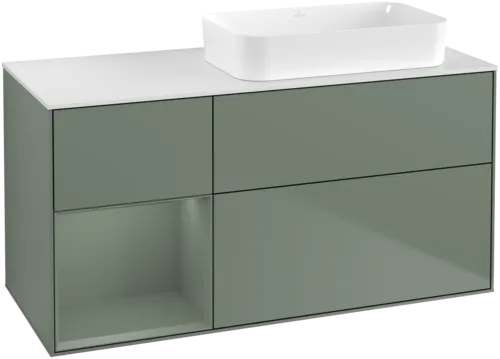 VILLEROY BOCH Toaletní skříňka Finion, s osvětlením, 3 výsuvy, 1200 x 603 x 501 mm, olivově matný lak / olivově matný lak / sklo bílé matné #F681GMGM