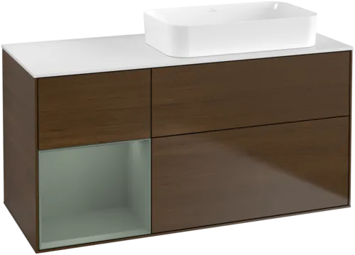VILLEROY BOCH Toaletní stolek Finion, s osvětlením, 3 výsuvy, 1200 x 603 x 501 mm, ořechová dýha / olivový matný lak / sklo bílé matné #F681GMGN