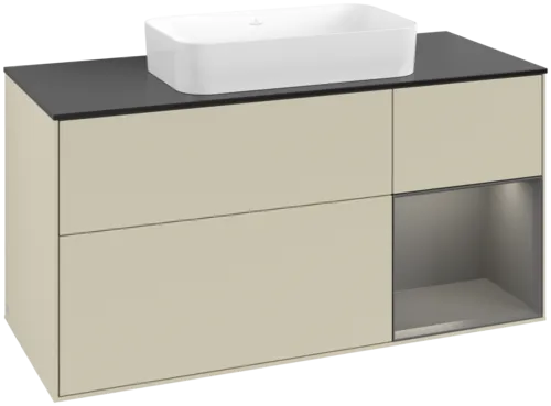 VILLEROY BOCH Toaletní skříňka Finion, s osvětlením, 3 výsuvy, 1200 x 603 x 501 mm, hedvábně šedý matný lak / antracitový matný lak / černé matné sklo #F712GKHJ