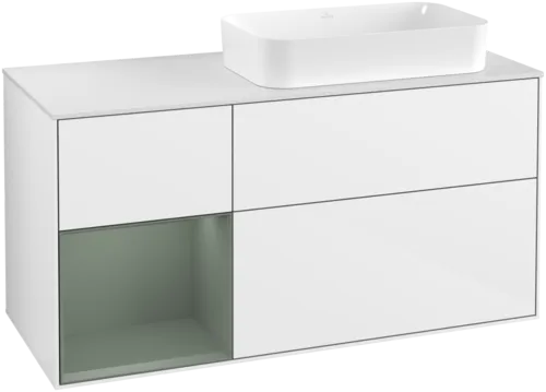 VILLEROY BOCH Toaletní skříňka Finion, s osvětlením, 3 výsuvy, 1200 x 603 x 501 mm, lesklý bílý lak / olivově matný lak / sklo bílé matné #F681GMGF