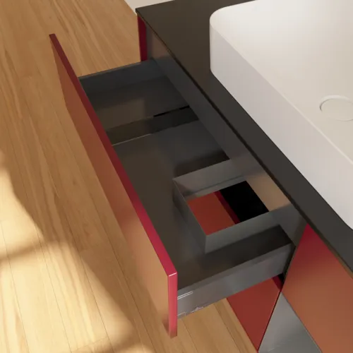 VILLEROY BOCH Toaletní skříňka Finion, s osvětlením, 3 výsuvy, 1200 x 603 x 501 mm, Pivoňka matný lak / Antracit matný lak / Sklo černé matné #F712GKHB, obrázek 5