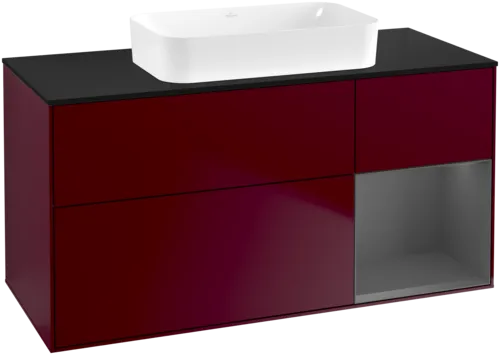 VILLEROY BOCH Toaletní skříňka Finion, s osvětlením, 3 výsuvy, 1200 x 603 x 501 mm, Pivoňka matný lak / Antracit matný lak / Sklo černé matné #F712GKHB