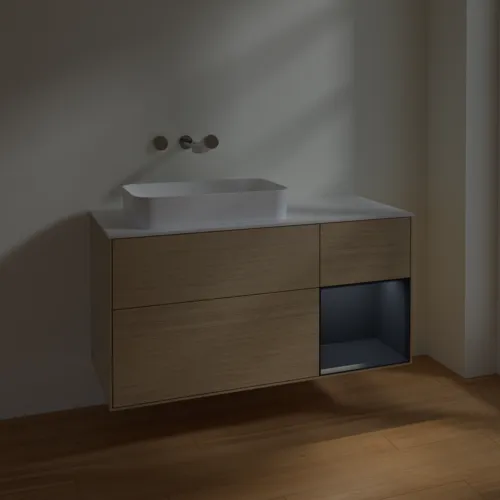 VILLEROY BOCH Toaletní skříňka Finion, s osvětlením, 3 výsuvy, 1200 x 603 x 501 mm, dubová dýha / půlnočně modrý matný lak / bílé matné sklo #F691HGPC, obrázek 3