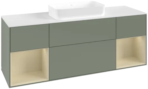 VILLEROY BOCH Toaletní skříňka Finion, s osvětlením, 4 výsuvy, 1600 x 603 x 501 mm, olivový matný lak / hedvábně šedý matný lak / bílé matné sklo #F741HJGM