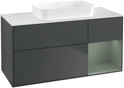 VILLEROY BOCH Toaletní skříňka Finion, s osvětlením, 3 výsuvy, 1200 x 603 x 501 mm, Midnight Blue Matt Lacquer / Olive Matt Lacquer / Glass White Matt #F711GMHG
