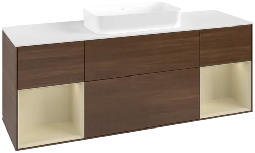VILLEROY BOCH Toaletní skříňka Finion, s osvětlením, 4 výsuvy, 1600 x 603 x 501 mm, ořechová dýha / hedvábně šedý matný lak / sklo bílé matné #F741HJGN