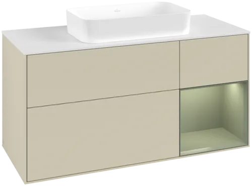 VILLEROY BOCH Toaletní skříňka Finion, s osvětlením, 3 výsuvy, 1200 x 603 x 501 mm, hedvábně šedý matný lak / olivový matný lak / bílé matné sklo #F711GMHJ