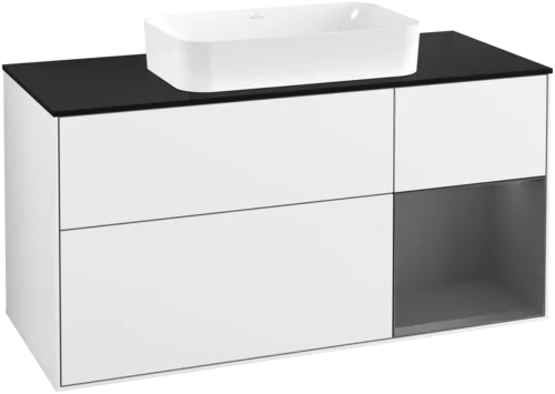 VILLEROY BOCH Toaletní skříňka Finion, s osvětlením, 3 výsuvy, 1200 x 603 x 501 mm, lesklý bílý lak / antracitový matný lak / černé matné sklo #F712GKGF