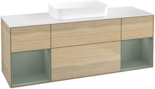 VILLEROY BOCH Toaletní skříňka Finion, s osvětlením, 4 výsuvy, 1600 x 603 x 501 mm, dubová dýha / olivový matný lak / sklo bílé matné #F741GMPC