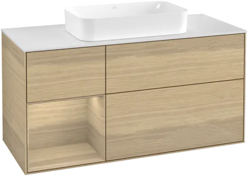 VILLEROY BOCH Toaletní skříňka Finion, s osvětlením, 3 výsuvy, 1200 x 603 x 501 mm, dubová dýha / dubová dýha / sklo bílé matné #F701PCPC