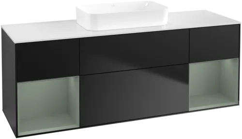VILLEROY BOCH Toaletní skříňka Finion, s osvětlením, 4 výsuvy, 1600 x 603 x 501 mm, černý matný lak / olivový matný lak / bílé matné sklo #F741GMPD