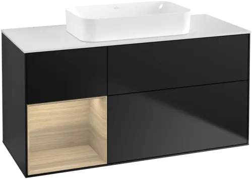VILLEROY BOCH Toaletní skříňka Finion, s osvětlením, 3 výsuvy, 1200 x 603 x 501 mm, černý matný lak / dubová dýha / sklo bílé matné #F701PCPD