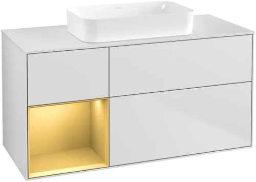 VILLEROY BOCH Toaletní skříňka Finion, s osvětlením, 3 výsuvy, 1200 x 603 x 501 mm, bílý matný lak / zlatý matný lak / bílé matné sklo #F701HFMT