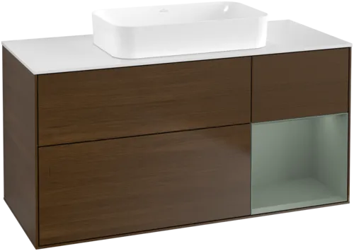 VILLEROY BOCH Toaletní stolek Finion, s osvětlením, 3 výsuvy, 1200 x 603 x 501 mm, ořechová dýha / olivový matný lak / sklo bílé matné #F711GMGN