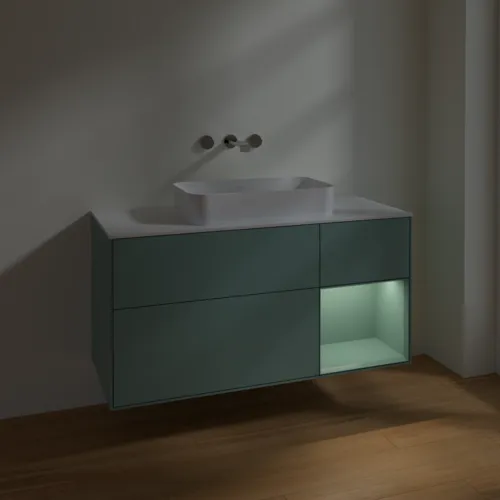 VILLEROY BOCH Toaletní skříňka Finion, s osvětlením, 3 výsuvy, 1200 x 603 x 501 mm, olivově matný lak / olivově matný lak / sklo bílé matné #F711GMGM, obrázek 4