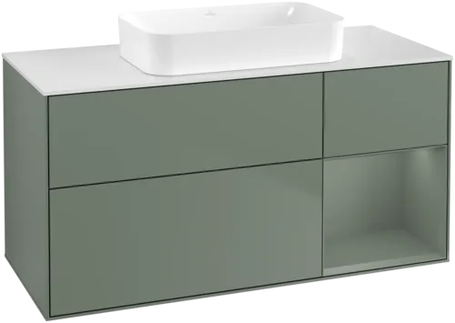 VILLEROY BOCH Toaletní skříňka Finion, s osvětlením, 3 výsuvy, 1200 x 603 x 501 mm, olivově matný lak / olivově matný lak / sklo bílé matné #F711GMGM