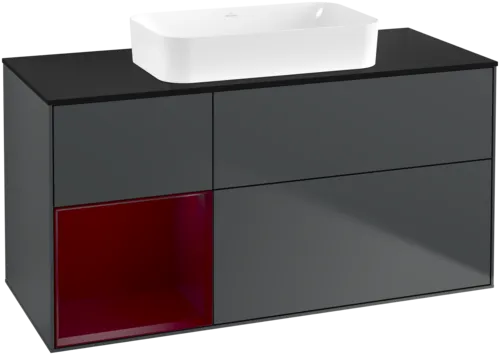 VILLEROY BOCH Toaletní skříňka Finion, s osvětlením, 3 výsuvy, 1200 x 603 x 501 mm, Midnight Blue Matt Lacquer / Peony Matt Lacquer / Glass Black Matt #F702HBHG
