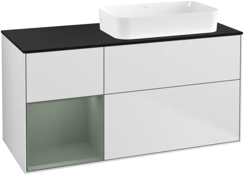 VILLEROY BOCH Toaletní skříňka Finion, s osvětlením, 3 výsuvy, 1200 x 603 x 501 mm, bílý matný lak / olivový matný lak / černé matné sklo #F682GMMT