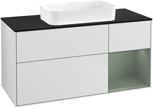 VILLEROY BOCH Toaletní skříňka Finion, s osvětlením, 3 výsuvy, 1200 x 603 x 501 mm, bílý matný lak / olivový matný lak / černé matné sklo #F712GMMT