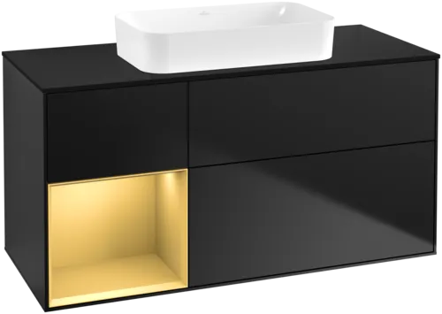 VILLEROY BOCH Toaletní skříňka Finion, s osvětlením, 3 výsuvy, 1200 x 603 x 501 mm, černý matný lak / zlatý matný lak / černé matné sklo #F702HFPD