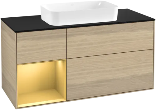 VILLEROY BOCH Toaletní skříňka Finion, s osvětlením, 3 výsuvy, 1200 x 603 x 501 mm, dubová dýha / zlatý matný lak / černé matné sklo #F702HFPC
