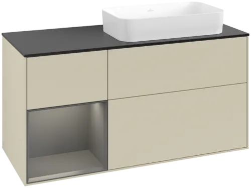 VILLEROY BOCH Toaletní skříňka Finion, s osvětlením, 3 výsuvy, 1200 x 603 x 501 mm, hedvábně šedý matný lak / antracitový matný lak / černé matné sklo #F682GKHJ