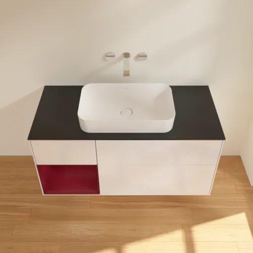 VILLEROY BOCH Toaletní skříňka Finion, s osvětlením, 3 výsuvy, 1200 x 603 x 501 mm, lesklý bílý lak / matný lak Pivoňka / matné černé sklo #F702HBGF, obrázek 3