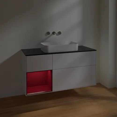 VILLEROY BOCH Toaletní skříňka Finion, s osvětlením, 3 výsuvy, 1200 x 603 x 501 mm, lesklý bílý lak / matný lak Pivoňka / matné černé sklo #F702HBGF, obrázek 4