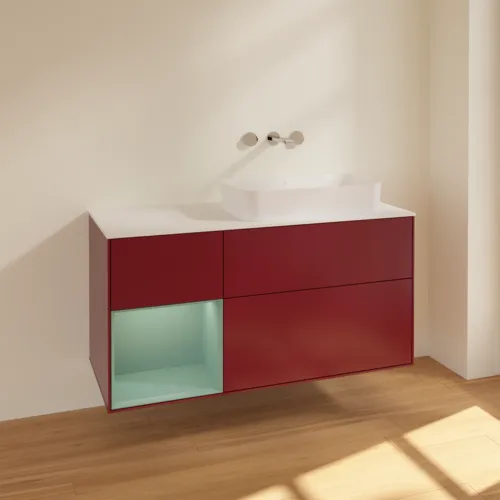 VILLEROY BOCH Toaletní skříňka Finion, s osvětlením, 3 výsuvy, 1200 x 603 x 501 mm, Pivoňka matný lak / Olivový matný lak / Sklo bílé matné #F681GMHB, obrázek 2