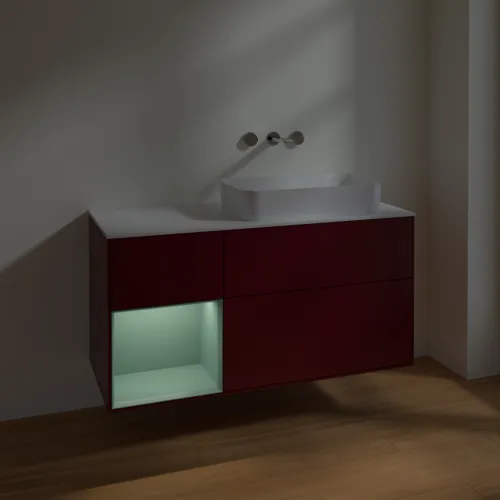VILLEROY BOCH Toaletní skříňka Finion, s osvětlením, 3 výsuvy, 1200 x 603 x 501 mm, Pivoňka matný lak / Olivový matný lak / Sklo bílé matné #F681GMHB, obrázek 4