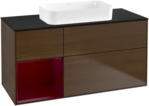 VILLEROY BOCH Toaletní skříňka Finion, s osvětlením, 3 výsuvy, 1200 x 603 x 501 mm, ořechová dýha / matný lak Pivoňka / černé matné sklo #F702HBGN