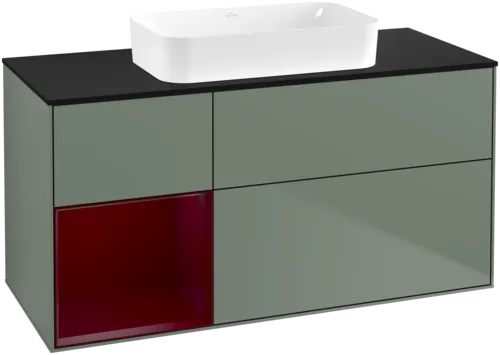 VILLEROY BOCH Toaletní skříňka Finion, s osvětlením, 3 výsuvy, 1200 x 603 x 501 mm, olivový matný lak / pivoňkový matný lak / černé matné sklo #F702HBGM