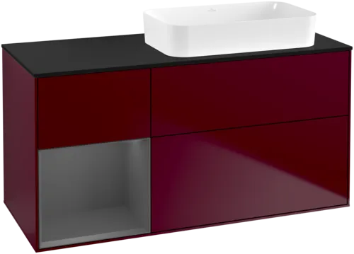 VILLEROY BOCH Toaletní skříňka Finion, s osvětlením, 3 výsuvy, 1200 x 603 x 501 mm, Pivoňka matný lak / Antracit matný lak / Sklo černé matné #F682GKHB