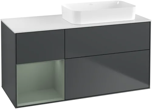 VILLEROY BOCH Toaletní skříňka Finion, s osvětlením, 3 výsuvy, 1200 x 603 x 501 mm, Midnight Blue Matt Lacquer / Olive Matt Lacquer / Glass White Matt #F681GMHG