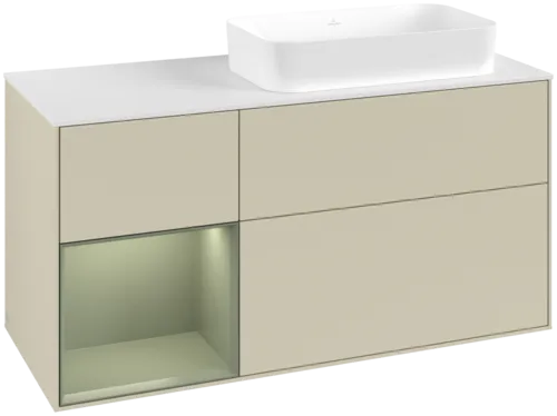 VILLEROY BOCH Toaletní skříňka Finion, s osvětlením, 3 výsuvy, 1200 x 603 x 501 mm, hedvábně šedý matný lak / olivový matný lak / bílé matné sklo #F681GMHJ