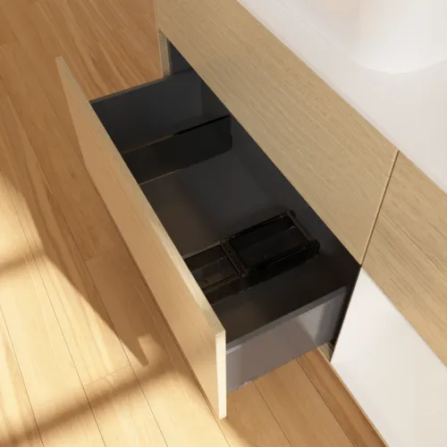 VILLEROY BOCH Toaletní skříňka Finion, s osvětlením, 3 výsuvy, 1200 x 603 x 501 mm, dubová dýha / lesklý bílý lak / sklo bílé matné #F691GFPC, obrázek 4