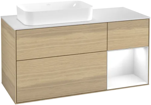 VILLEROY BOCH Toaletní skříňka Finion, s osvětlením, 3 výsuvy, 1200 x 603 x 501 mm, dubová dýha / lesklý bílý lak / sklo bílé matné #F691GFPC