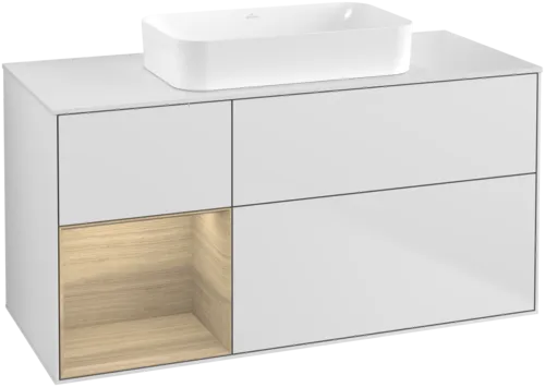 VILLEROY BOCH Toaletní skříňka Finion, s osvětlením, 3 výsuvy, 1200 x 603 x 501 mm, bílý matný lak / dubová dýha / sklo bílé matné #F701PCMT