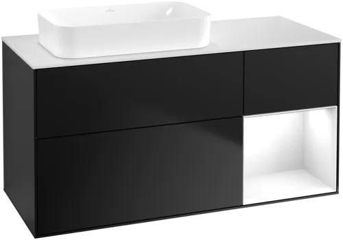 VILLEROY BOCH Toaletní skříňka Finion, s osvětlením, 3 výsuvy, 1200 x 603 x 501 mm, černý matný lak / bílý lesklý lak / bílé matné sklo #F691GFPD