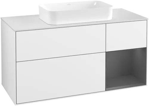 VILLEROY BOCH Toaletní skříňka Finion, s osvětlením, 3 výsuvy, 1200 x 603 x 501 mm, lesklý bílý lak / antracitový matný lak / bílé matné sklo #F711GKGF