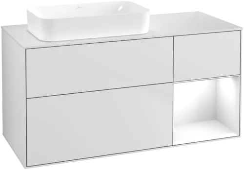 VILLEROY BOCH Umyvadlová skříňka Finion, s osvětlením, 3 výsuvy, 1200 x 603 x 501 mm, bílý matný lak / bílý lesklý lak / bílé matné sklo #F691GFMT