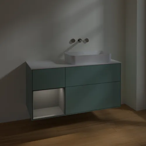 VILLEROY BOCH Toaletní skříňka Finion, s osvětlením, 3 výsuvy, 1200 x 603 x 501 mm, olivový matný lak / antracitový matný lak / bílé matné sklo #F681GKGM, obrázek 2
