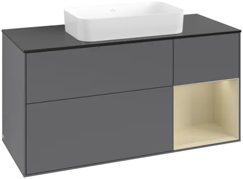 VILLEROY BOCH Toaletní skříňka Finion, s osvětlením, 3 výsuvy, 1200 x 603 x 501 mm, antracitový matný lak / hedvábně šedý matný lak / černé matné sklo #F712HJGK