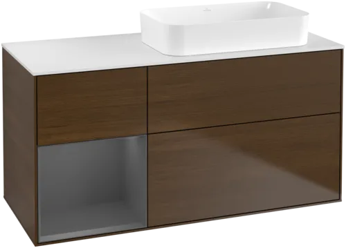 VILLEROY BOCH Toaletní skříňka Finion, s osvětlením, 3 výsuvy, 1200 x 603 x 501 mm, ořechová dýha / antracitový matný lak / bílé matné sklo #F681GKGN