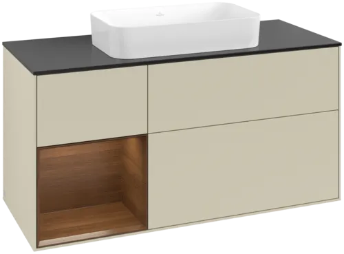 VILLEROY BOCH Toaletní skříňka Finion, s osvětlením, 3 výsuvy, 1200 x 603 x 501 mm, hedvábně šedý matný lak / ořechová dýha / černé matné sklo #F702GNHJ