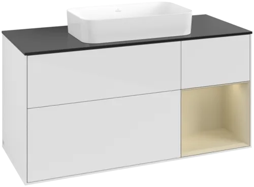 VILLEROY BOCH Toaletní skříňka Finion, s osvětlením, 3 výsuvy, 1200 x 603 x 501 mm, lesklý bílý lak / hedvábně šedý matný lak / černé matné sklo #F712HJGF