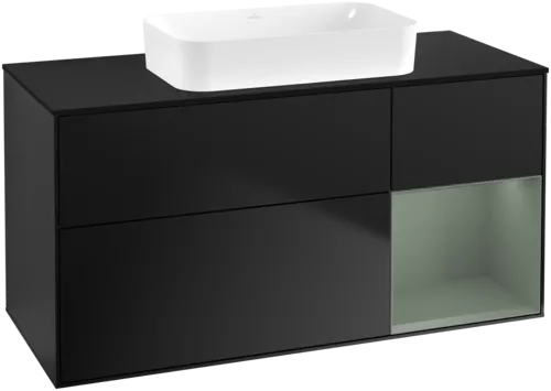 VILLEROY BOCH Toaletní skříňka Finion, s osvětlením, 3 výsuvy, 1200 x 603 x 501 mm, černý matný lak / olivový matný lak / černé matné sklo #F712GMPD